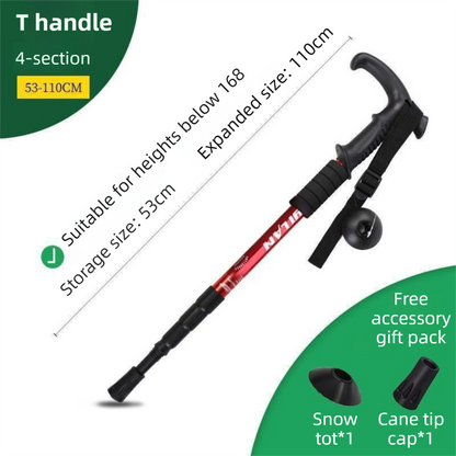 53-110 CM Red Ultralight Telescopic Aluminum Trekking Pole (4-Section T-Handle) - Professional & Compact Shock-Absorbing Trail Support