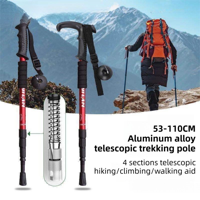 53-110 CM Red Ultralight Telescopic Aluminum Trekking Pole (4-Section T-Handle) - Professional & Compact Shock-Absorbing Trail Support