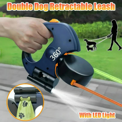 Blue One-to-Two Retractable Dog Leash with One-Click Safety Lock & Night Light - 3M Tangle-Free 360Â° Rotation Walking Leash