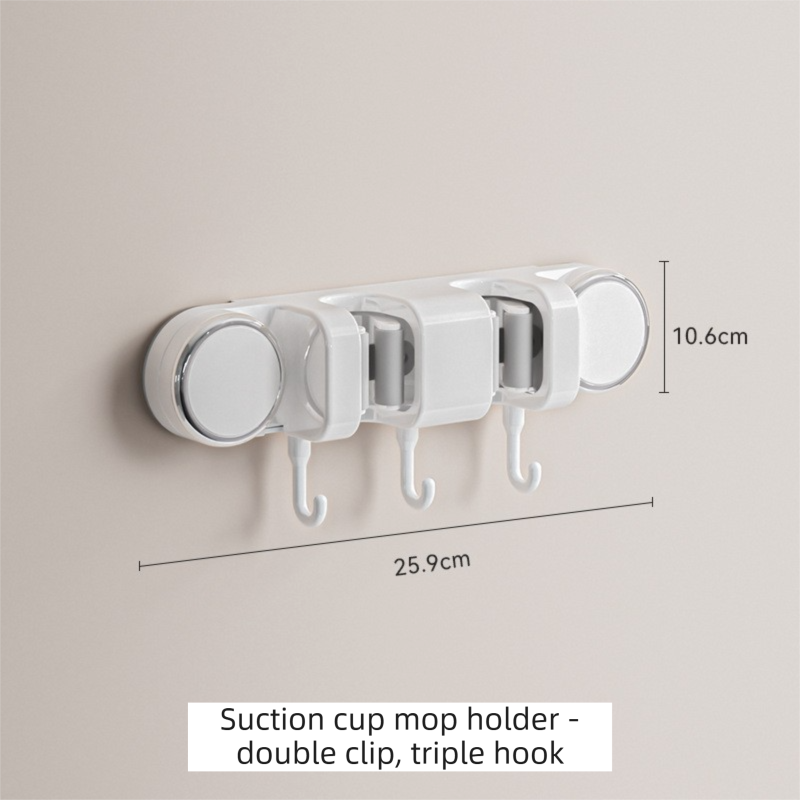 White Vacuum Suction Cup Mop & Broom Holder with 2 Roller Clips + 3 Hooks - Heavy Duty Waterproof Rack for Bathroom & Kitchen