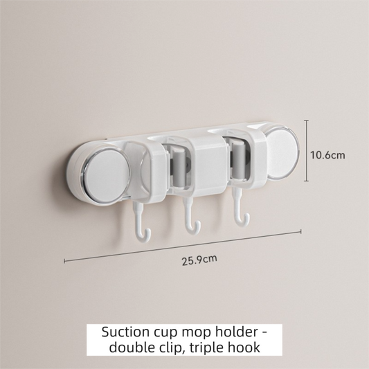 White Vacuum Suction Cup Mop & Broom Holder with 2 Roller Clips + 3 Hooks - Heavy Duty Waterproof Rack for Bathroom & Kitchen