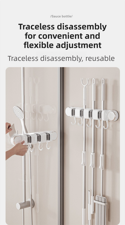 White Vacuum Suction Cup Mop & Broom Holder with 2 Roller Clips + 3 Hooks - Heavy Duty Waterproof Rack for Bathroom & Kitchen