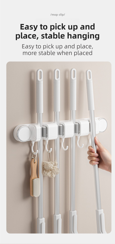 White Vacuum Suction Cup Mop & Broom Holder with 2 Roller Clips + 3 Hooks - Heavy Duty Waterproof Rack for Bathroom & Kitchen