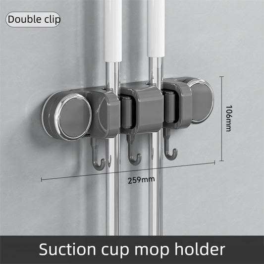 Grey Vacuum Suction Cup Mop & Broom Holder with 2 Roller Clips + 3 Hooks - Heavy Duty Waterproof Rack for Bathroom & Kitchen
