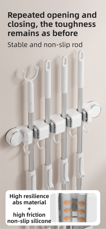 Grey Vacuum Suction Cup Mop & Broom Holder with 2 Roller Clips + 3 Hooks - Heavy Duty Waterproof Rack for Bathroom & Kitchen