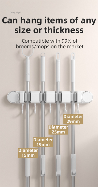 Grey Vacuum Suction Cup Mop & Broom Holder with 2 Roller Clips + 3 Hooks - Heavy Duty Waterproof Rack for Bathroom & Kitchen