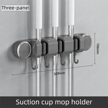 Grey Vacuum Suction Cup Mop & Broom Holder with 3 Roller Clips + 4 Hooks - Heavy Duty Waterproof Rack for Bathroom & Kitchen