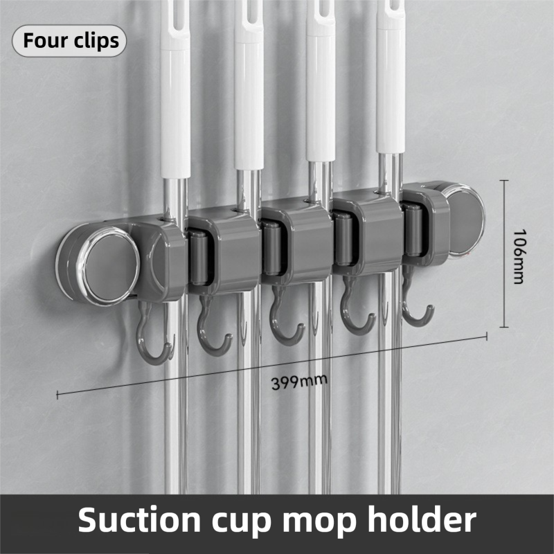 Grey Vacuum Suction Cup Mop & Broom Holder with 4 Roller Clips + 5 Hooks - Heavy Duty Waterproof Rack for Bathroom & Kitchen