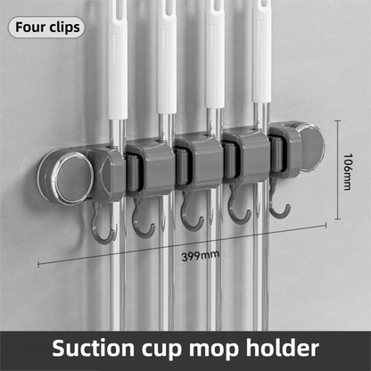 Grey Vacuum Suction Cup Mop & Broom Holder with 4 Roller Clips + 5 Hooks - Heavy Duty Waterproof Rack for Bathroom & Kitchen