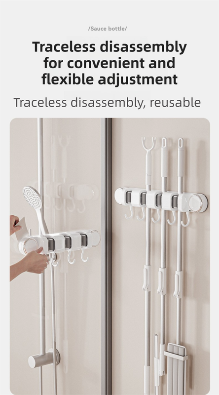 Grey Vacuum Suction Cup Mop & Broom Holder with 4 Roller Clips + 5 Hooks - Heavy Duty Waterproof Rack for Bathroom & Kitchen