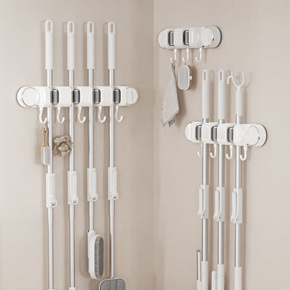 White Vacuum Suction Cup Mop & Broom Storage Rack Combination(3-Size: 2 Clips + 3 Clips + 4 Clips) - Heavy Duty Waterproof Rack for Bathroom & Kitchen