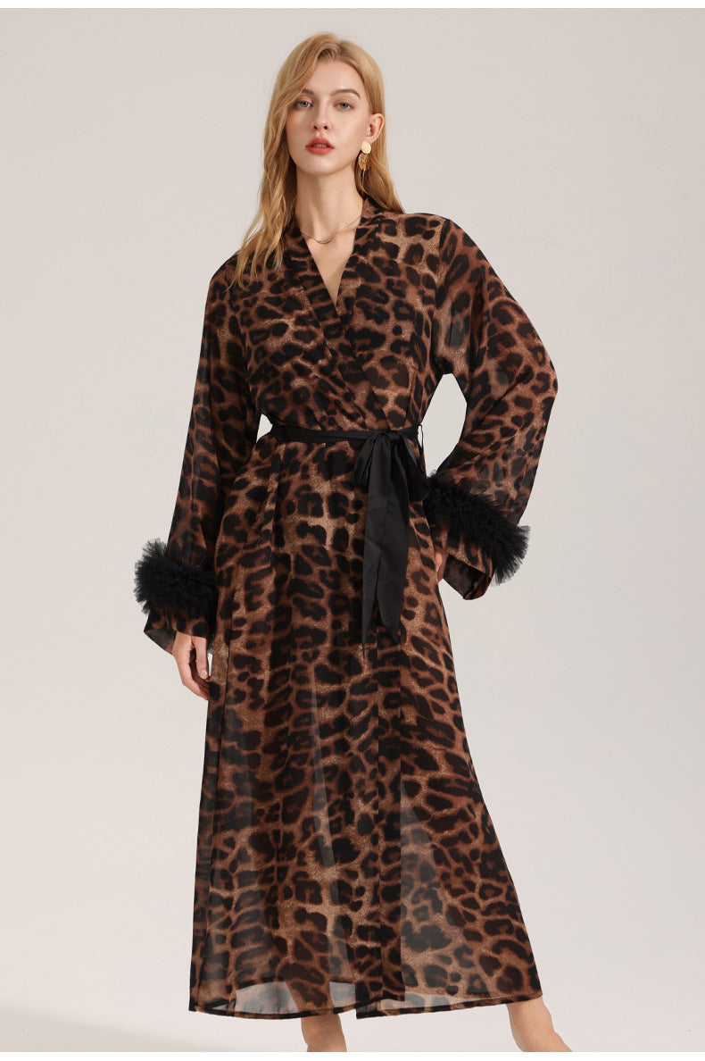 Women's Sexy Leopard Long Sleeve Print Satin Robe - Breathable Luxury Satin Chiffon Housecoat & Long Elegant Morning Gown