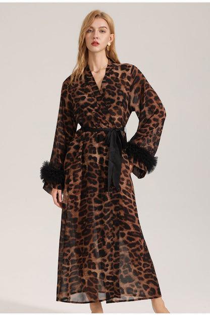 Women's Sexy Leopard Long Sleeve Print Satin Robe - Breathable Luxury Satin Chiffon Housecoat & Long Elegant Morning Gown