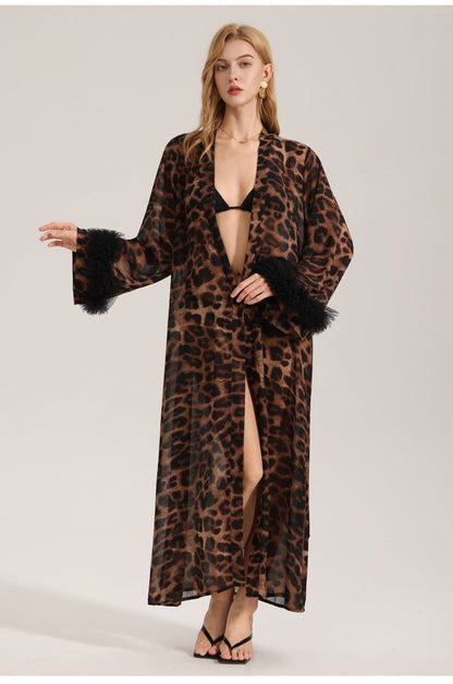 Women's Sexy Leopard Long Sleeve Print Satin Robe - Breathable Luxury Satin Chiffon Housecoat & Long Elegant Morning Gown