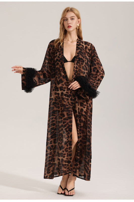 Women's Sexy Leopard Long Sleeve Print Satin Robe - Breathable Luxury Satin Chiffon Housecoat & Long Elegant Morning Gown