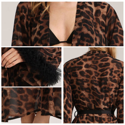 Women's Sexy Leopard Long Sleeve Print Satin Robe - Breathable Luxury Satin Chiffon Housecoat & Long Elegant Morning Gown