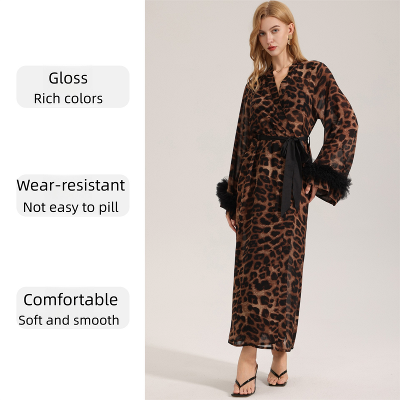 Women's Sexy Leopard Long Sleeve Print Satin Robe - Breathable Luxury Satin Chiffon Housecoat & Long Elegant Morning Gown