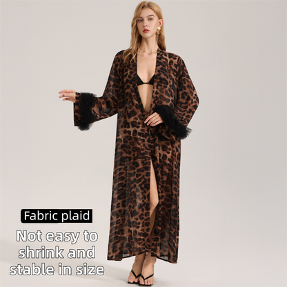 Women's Sexy Leopard Long Sleeve Print Satin Robe - Breathable Luxury Satin Chiffon Housecoat & Long Elegant Morning Gown