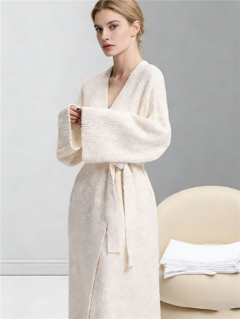 Beige Women's Ultra-Soft Plush V-Neck Cardigan Robe - Extra Thick Half-Velvet Warm Housecoat & Outdoor Wearable Sleepwear
