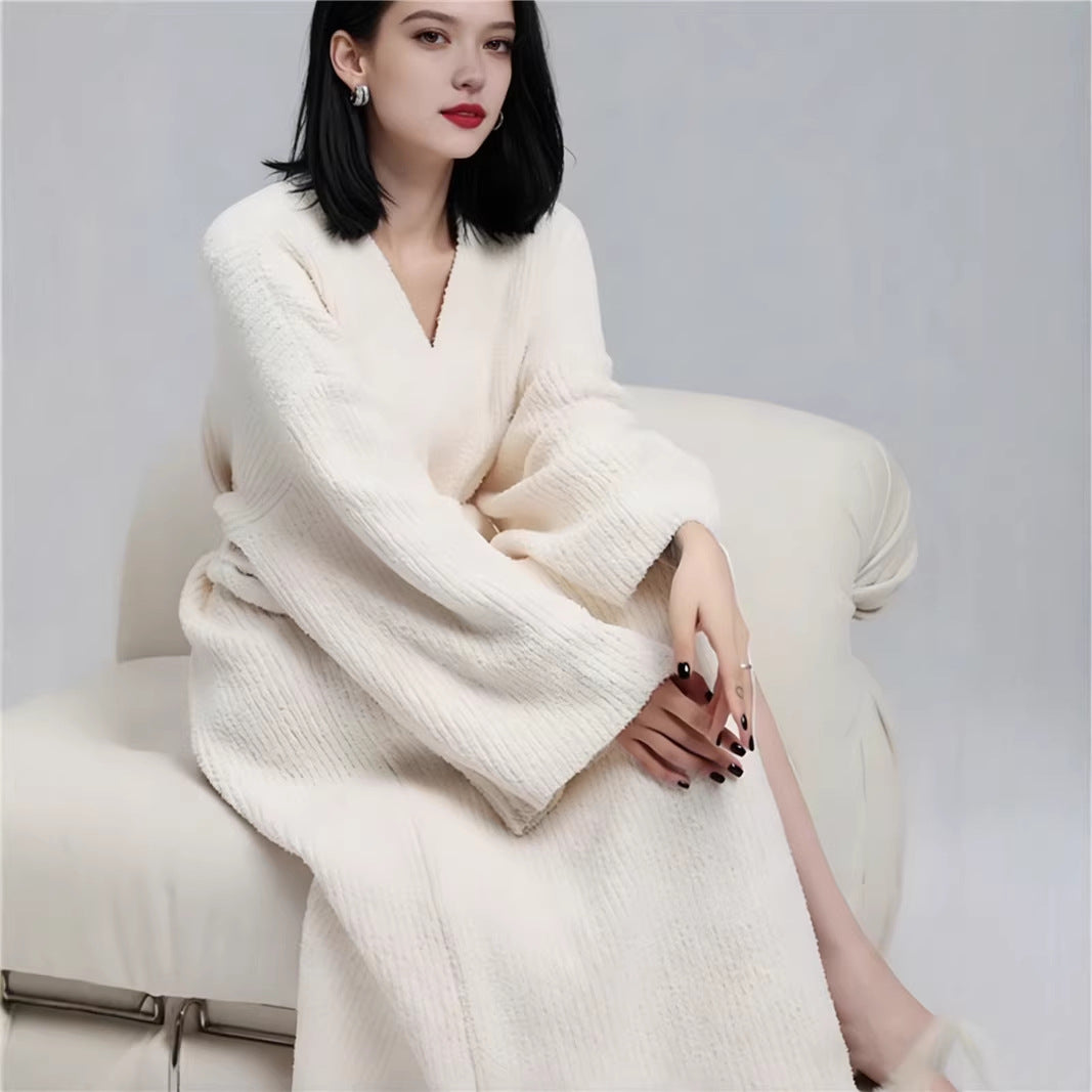 Beige Women's Ultra-Soft Plush V-Neck Cardigan Robe - Extra Thick Half-Velvet Warm Housecoat & Outdoor Wearable Sleepwear
