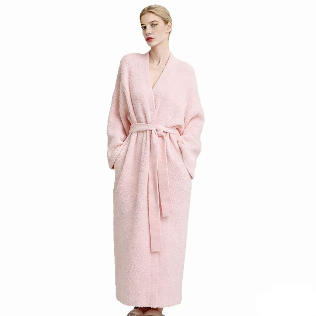 Pink Women's Ultra-Soft Plush V-Neck Cardigan Robe - Extra Thick Half-Velvet Warm Housecoat & Outdoor Wearable Sleepwear