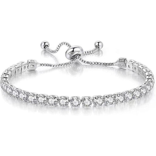 Silver High-Sparkle Cubic Zirconia Single Row Iced-Out Tennis Bracelet (5.7" to 11.3") - Minimalist Geometric Dainty Jewelry