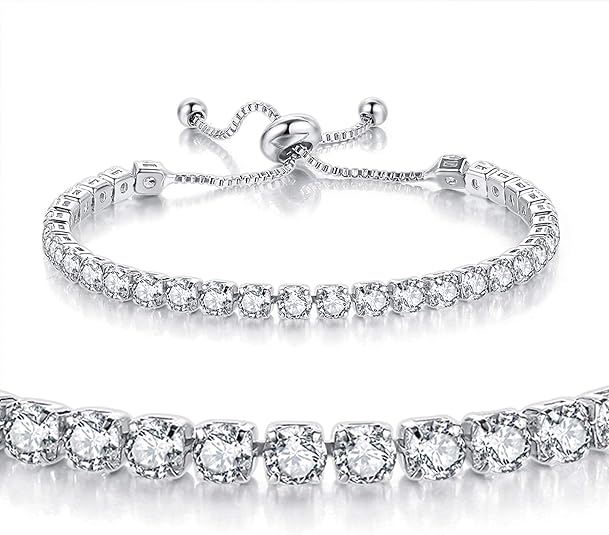 Silver High-Sparkle Cubic Zirconia Single Row Iced-Out Tennis Bracelet (5.7" to 11.3") - Minimalist Geometric Dainty Jewelry