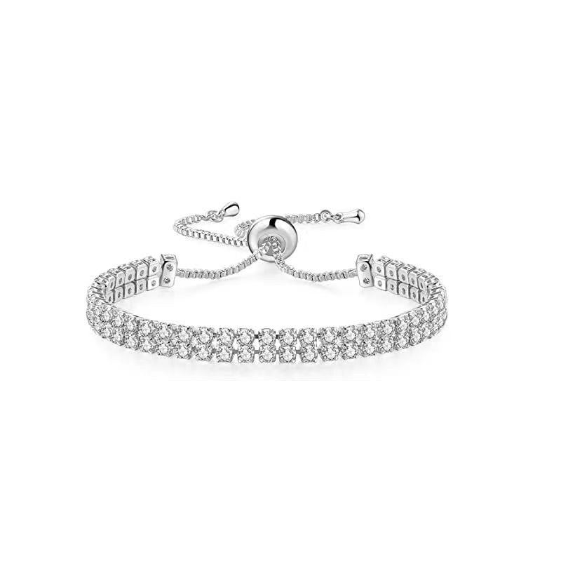 Silver High-Sparkle Cubic Zirconia Double Row Iced-Out Tennis Bracelet (5.7" to 11.3") - Minimalist Geometric Dainty Jewelry