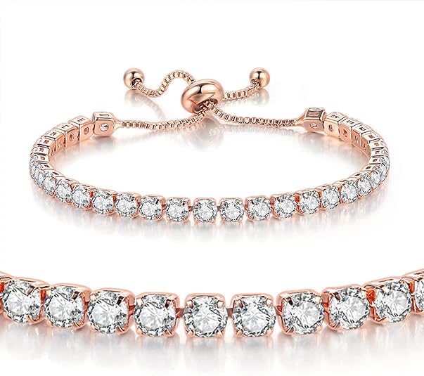 Rose Gold High-Sparkle Cubic Zirconia Single Row Iced-Out Tennis Bracelet (5.7" to 11.3") - Minimalist Geometric Dainty Jewelry