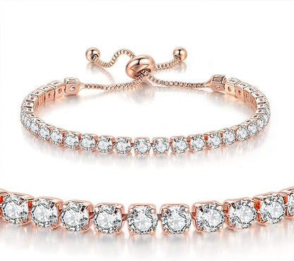 Rose Gold High-Sparkle Cubic Zirconia Single Row Iced-Out Tennis Bracelet (5.7" to 11.3") - Minimalist Geometric Dainty Jewelry