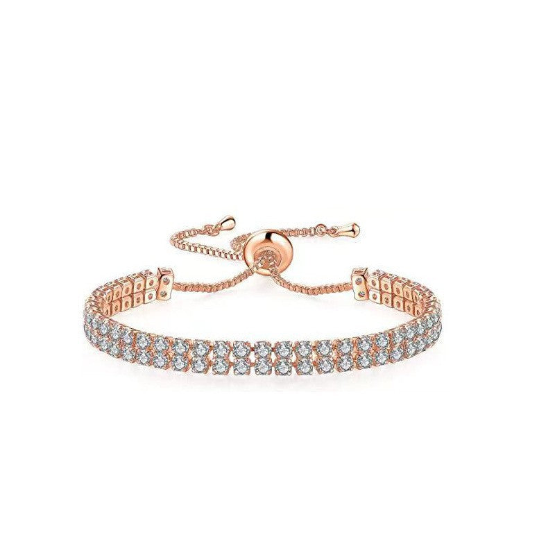 Rose Gold High-Sparkle Cubic Zirconia Double Row Iced-Out Tennis Bracelet (5.7" to 11.3") - Minimalist Geometric Dainty Jewelry