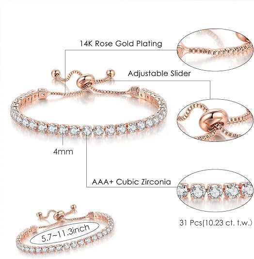 Rose Gold High-Sparkle Cubic Zirconia Double Row Iced-Out Tennis Bracelet (5.7" to 11.3") - Minimalist Geometric Dainty Jewelry