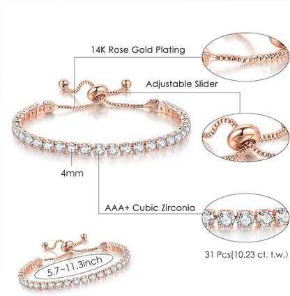 Rose Gold High-Sparkle Cubic Zirconia Double Row Iced-Out Tennis Bracelet (5.7" to 11.3") - Minimalist Geometric Dainty Jewelry
