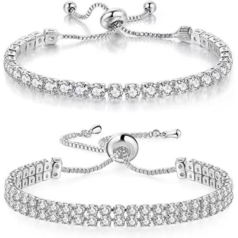 Silver High-Sparkle Cubic Zirconia Iced-Out Tennis Bracelet of Single Row & Double Row (5.7" to 11.3") - Minimalist Geometric Dainty Jewelry
