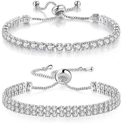 Silver High-Sparkle Cubic Zirconia Iced-Out Tennis Bracelet of Single Row & Double Row (5.7" to 11.3") - Minimalist Geometric Dainty Jewelry