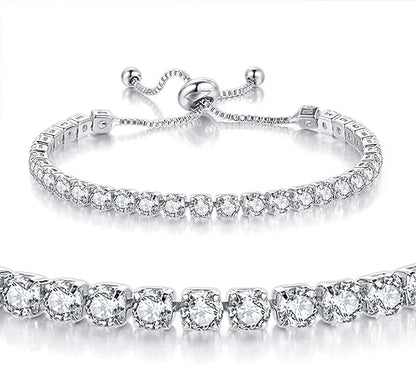 Silver High-Sparkle Cubic Zirconia Iced-Out Tennis Bracelet of Single Row & Double Row (5.7" to 11.3") - Minimalist Geometric Dainty Jewelry
