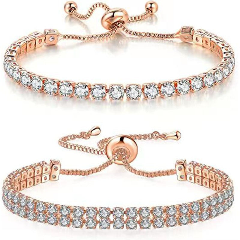 Rose Gold High-Sparkle Cubic Zirconia Iced-Out Tennis Bracelet of Single Row & Double Row (5.7" to 11.3") - Minimalist Geometric Dainty Jewelry