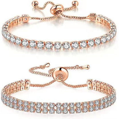 Rose Gold High-Sparkle Cubic Zirconia Iced-Out Tennis Bracelet of Single Row & Double Row (5.7" to 11.3") - Minimalist Geometric Dainty Jewelry