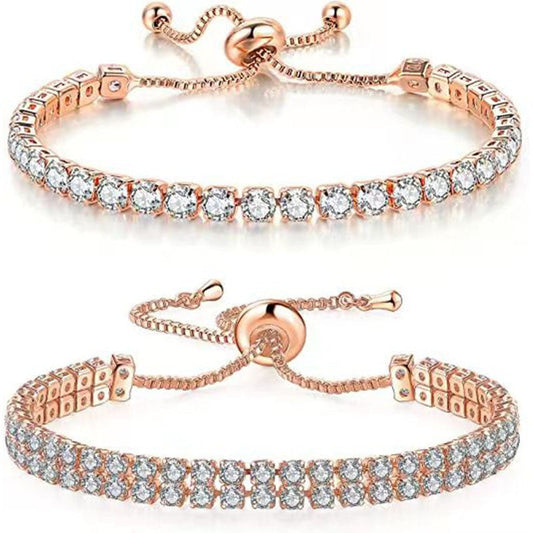 Rose Gold High-Sparkle Cubic Zirconia Iced-Out Tennis Bracelet of Single Row & Double Row (5.7" to 11.3") - Minimalist Geometric Dainty Jewelry