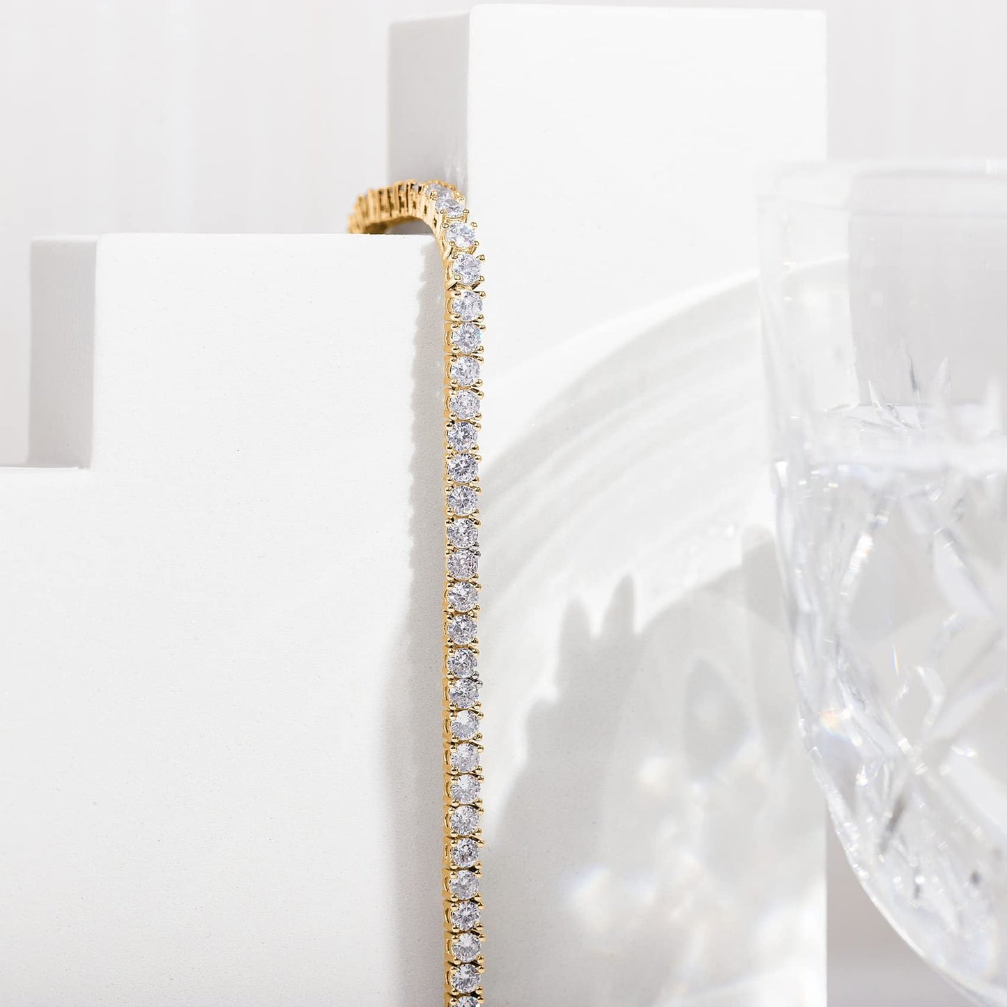 Gold 4.0mm Iced-Out Zirconia Tennis Bracelet with Secure Clasp - Classic Luxury Rhinestone Tennis Chain for Men & Women (7 Inches)