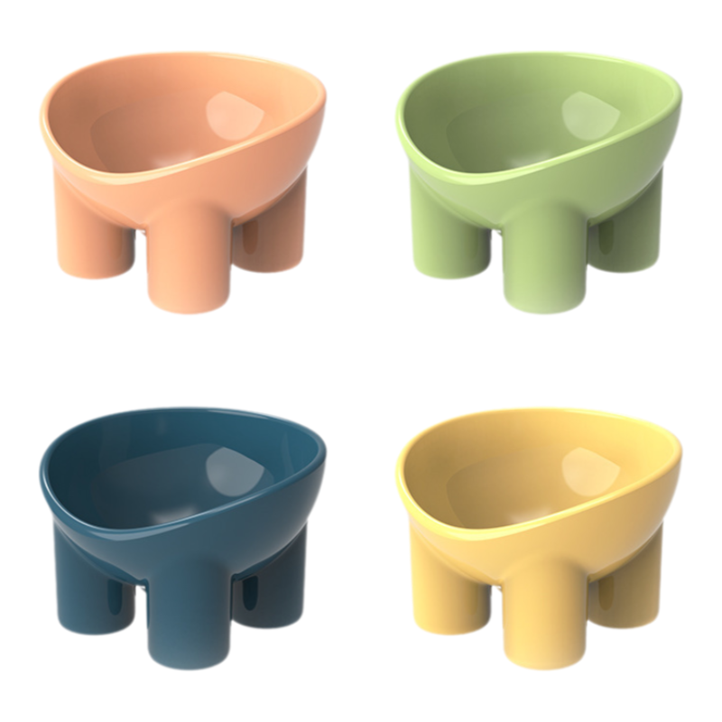 4-Pack Macaron Color Elevated Pet Bowls with Anti-Tip 4-Leg Base - Ergonomic Tilted Neck Protection Cat Food & Water Bowls(Green + Pink + Yellow + Blue)