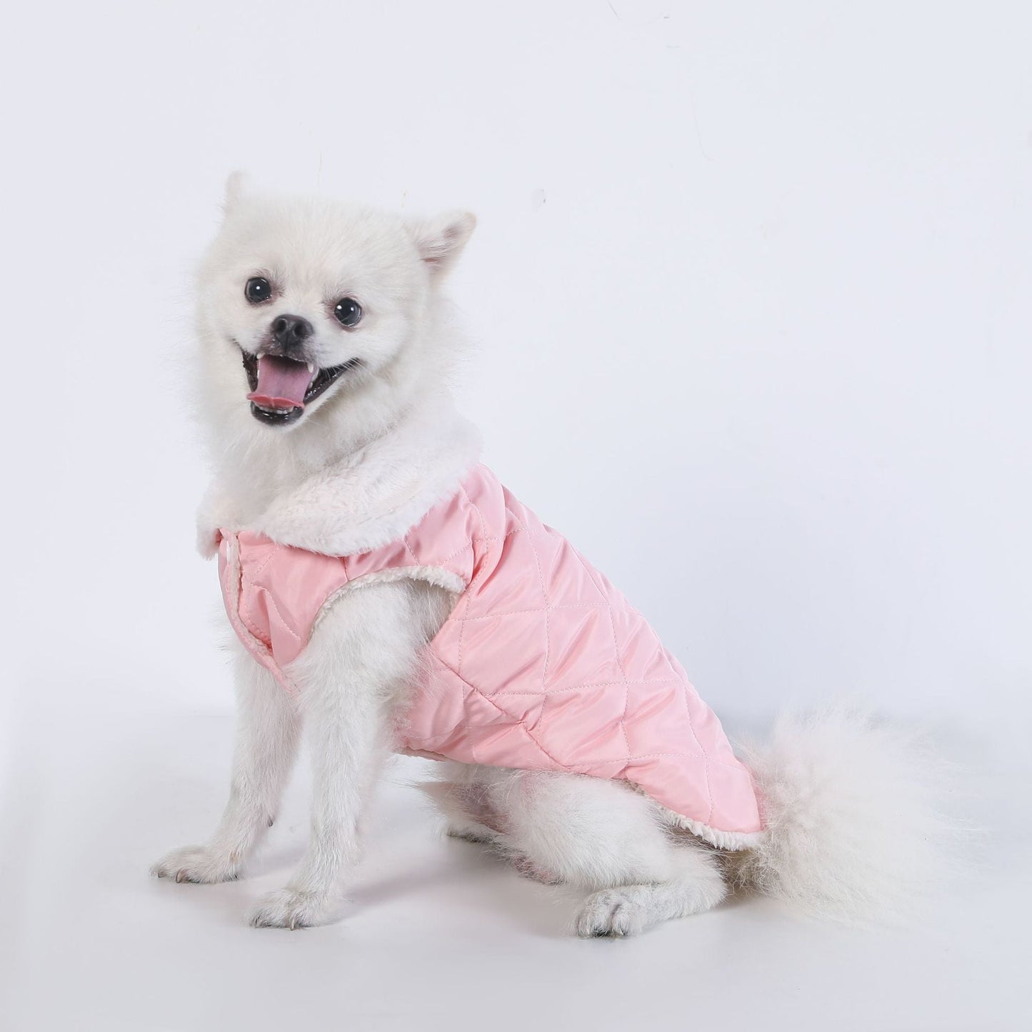 M Size Pink Winter Padded Cotton Dog Thermal Plaid Vest with Faux Fur Collar - Thick Fleece-Lined Warm Pet Jacket