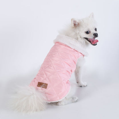 M Size Pink Winter Padded Cotton Dog Thermal Plaid Vest with Faux Fur Collar - Thick Fleece-Lined Warm Pet Jacket