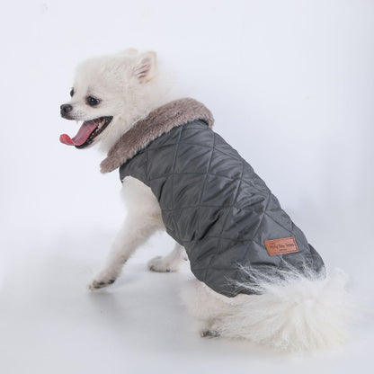 M Size Grey Winter Padded Cotton Dog Thermal Plaid Vest with Faux Fur Collar - Thick Fleece-Lined Warm Pet Jacket