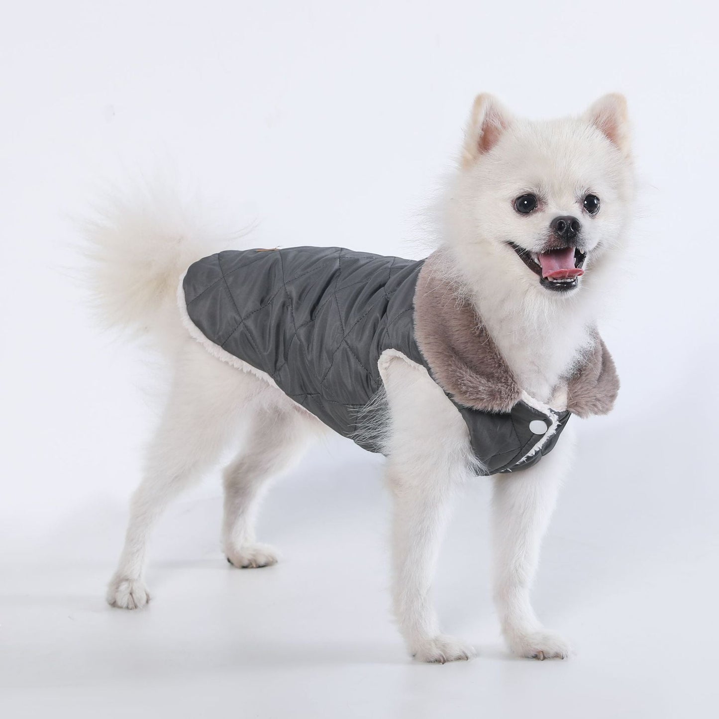 L Size Grey Winter Padded Cotton Dog Thermal Plaid Vest with Faux Fur Collar - Thick Fleece-Lined Warm Pet Jacket
