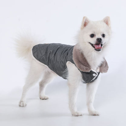 L Size Grey Winter Padded Cotton Dog Thermal Plaid Vest with Faux Fur Collar - Thick Fleece-Lined Warm Pet Jacket