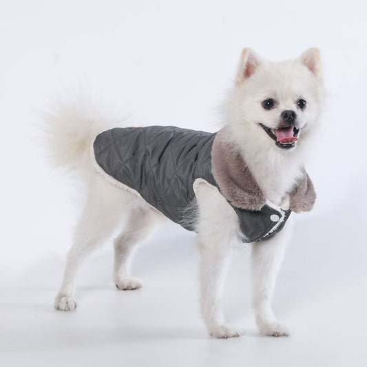 L Size Grey Winter Padded Cotton Dog Thermal Plaid Vest with Faux Fur Collar - Thick Fleece-Lined Warm Pet Jacket