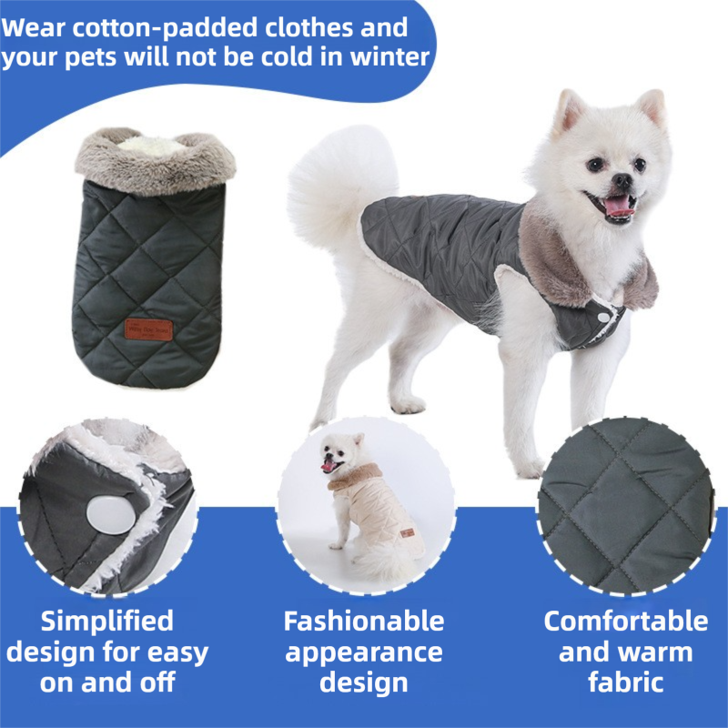 L Size Grey Winter Padded Cotton Dog Thermal Plaid Vest with Faux Fur Collar - Thick Fleece-Lined Warm Pet Jacket