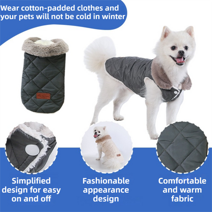 L Size Grey Winter Padded Cotton Dog Thermal Plaid Vest with Faux Fur Collar - Thick Fleece-Lined Warm Pet Jacket