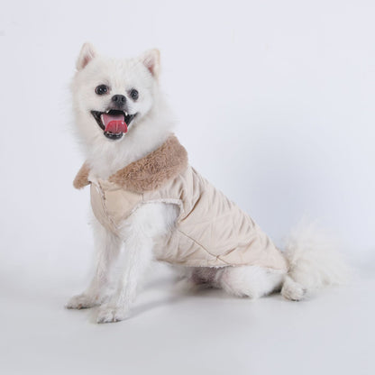 M Size Beige Winter Padded Cotton Dog Thermal Plaid Vest with Faux Fur Collar - Thick Fleece-Lined Warm Pet Jacket